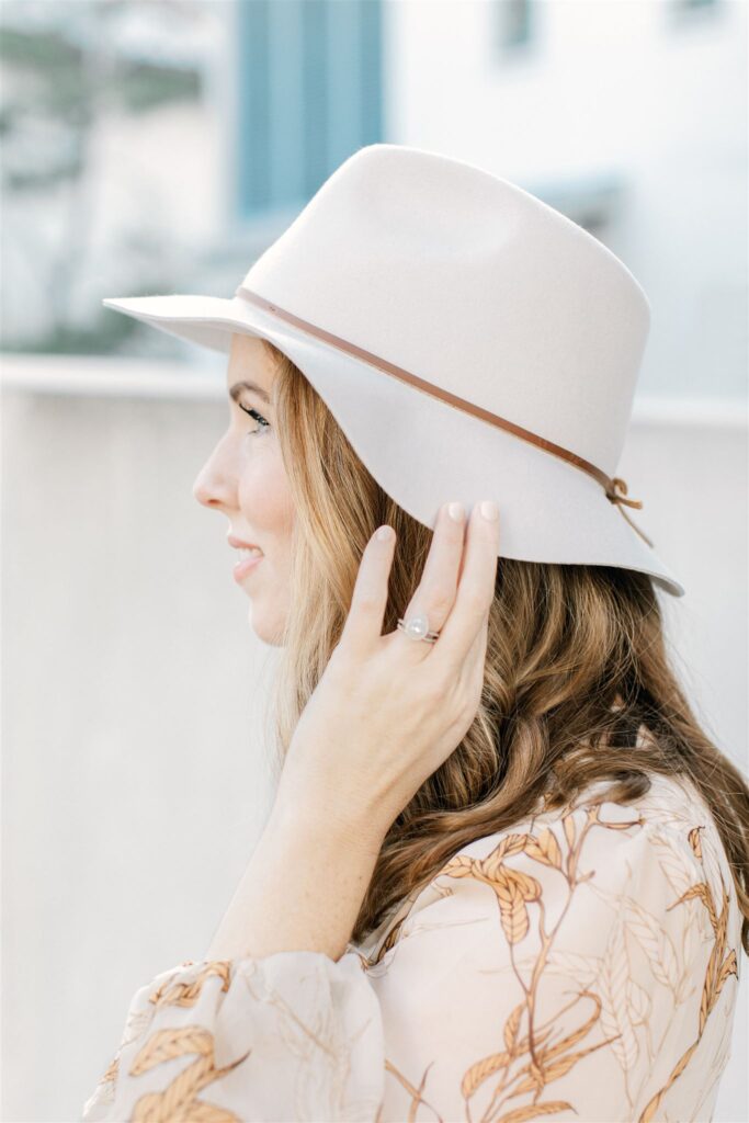  A captivating image featuring a woman wearing a spring hat for her family photo session, showcasing the perfect accessory for a stylish ensemble. The hat adds a touch of elegance, enhancing the overall aesthetic of the family portrait with a delightful spring flair.